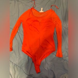 Woman’s Bright Orange/Red Mesh Sleeve Bodysuit